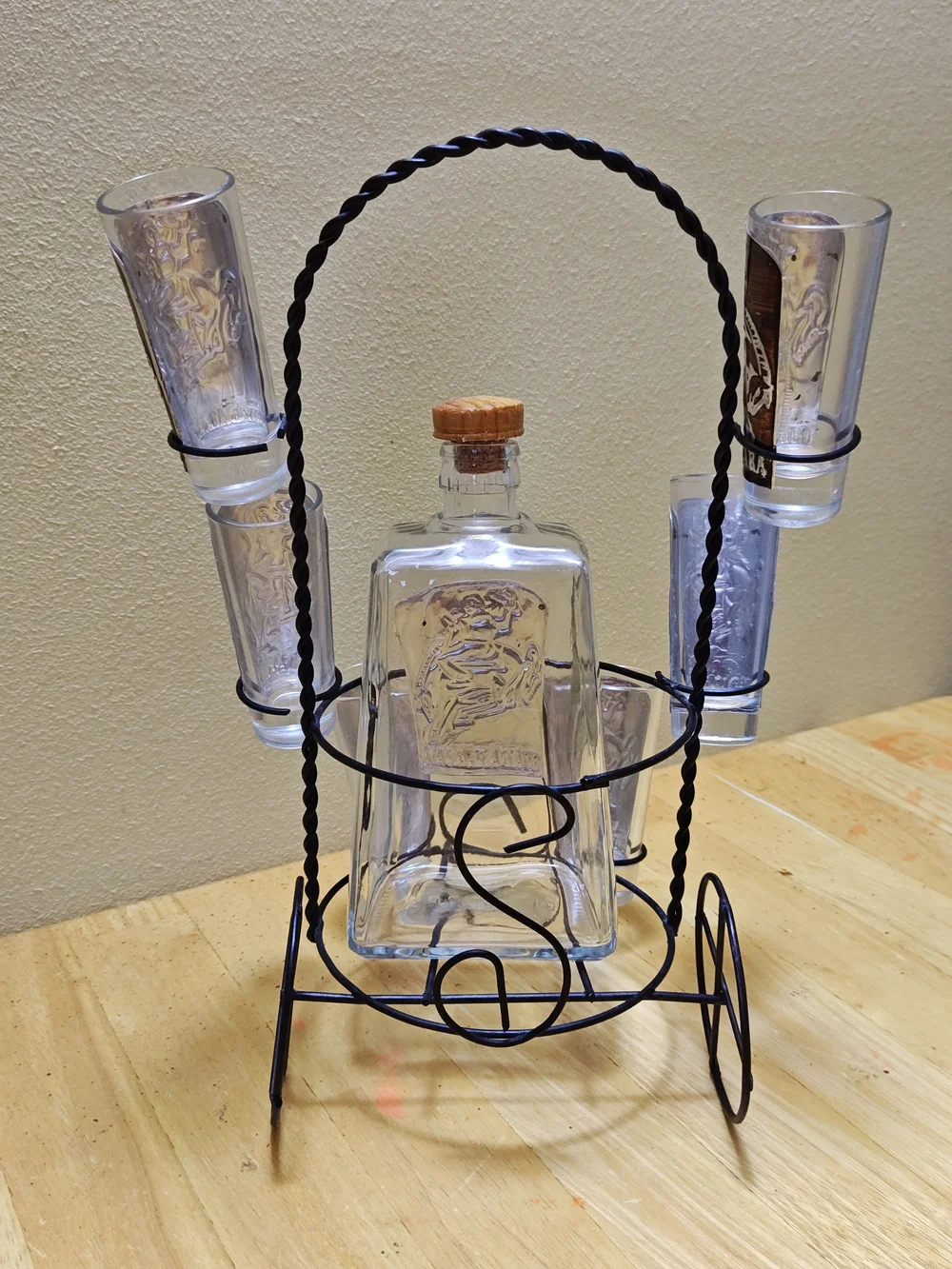 Vintage Guadalajara Tequila Decanter Set with 6 Shot Glasses Wrought Iron Stand